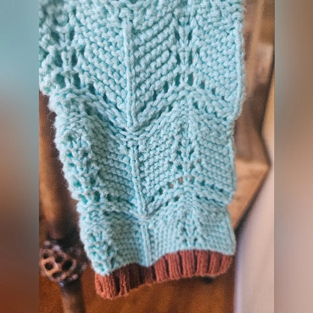 NWOT Urban Outfitters Aqua Open-Knit Sweater with Brown Trim - Picture 5 of 17